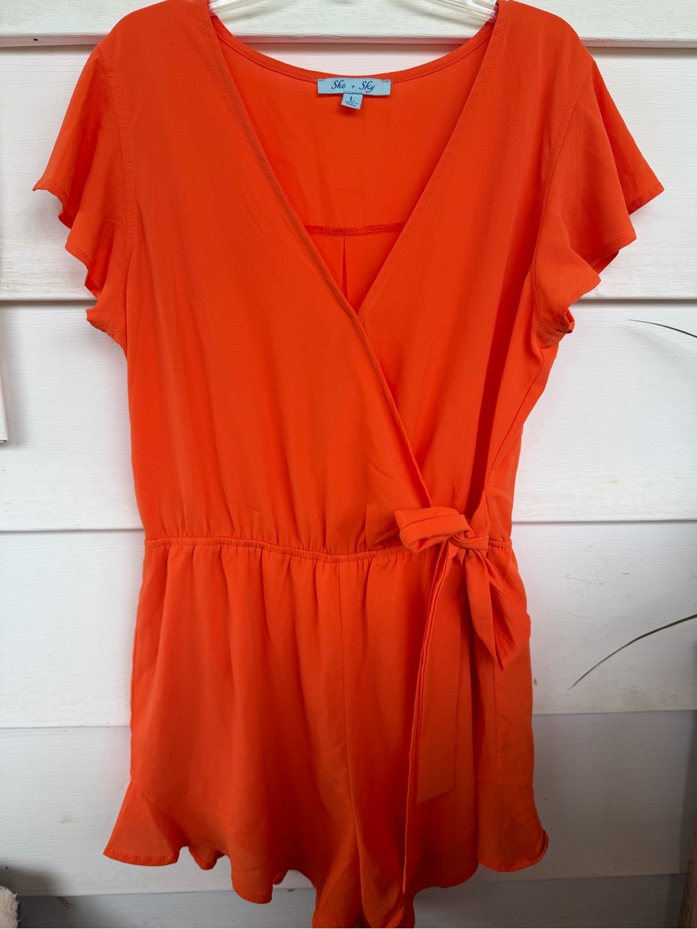 She + Sky Vibrant Orange Ruffle Wrap Romper - Size Large
